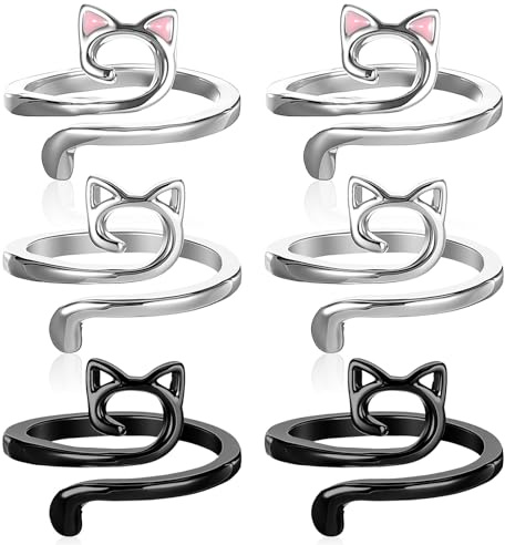 Larrel Crochet Ring for Finger, 6 Pcs Adjustable Cat Crochet Tension Ring Metal Open Crochets Tools and Accessories for Mother Grandma Gifts to Faster Knitting