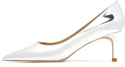 Qynthra Escarpins pour Femmes Argent Métallique Bout Pointu Talon Aiguille Haut Chaussures Classiques Vernis pour Bureau Quotidien Soirée,Silver(Heel:6cm),39 EU