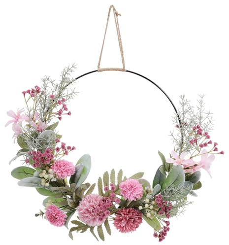 Housoutil delikat konstgjord dörrkrans med rosa blommor och blad färgbeständig väderbeständig handgjord bröllopsdekoration för inomhus- och utomhusbruk