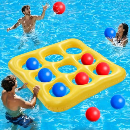 Tomatoys Juego Flotante Tres en Raya Hinchable para Piscina con Bolas Lanzadoras Juguete Acuático Verano Adultos Familias Fiesta Piscina Exterior