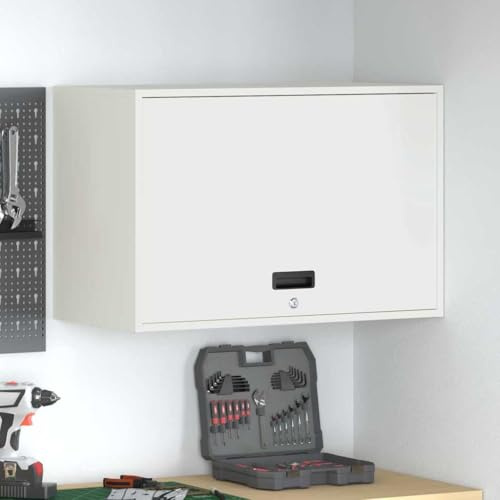 Bendmaxx Armoire murale pour garage avec porte à vérin à gaz blanc, acier revêtu par pulvérisation, 40 x 80 x 53 cm, verrouillable, armoire polyvalente avec étagère et compartiment pour outils, ménage