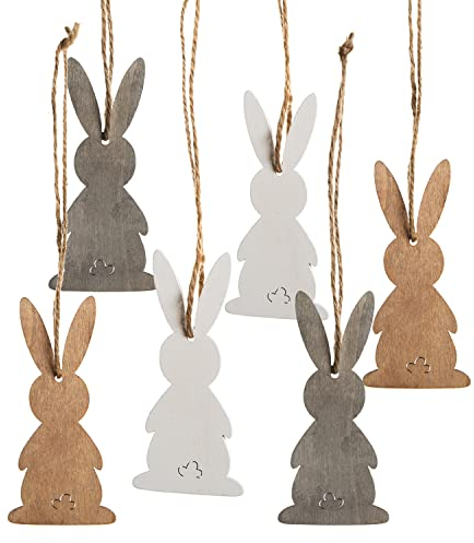 Logbuch-Verlag Osteranhänger aus Holz, 6er Set: Osterhasen-Deko zum Aufhängen, Osterschmuck mit Schnur für Osterstrauch und Geschenke, Zeitlose Osterdeko, Osterhasen-Anhänger für Zuhause, 10 cm