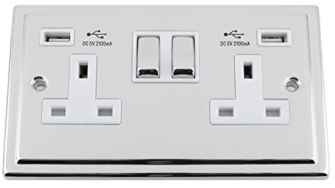 TRIMLINE Polished Chrome USB Socket 2 Gang White Insert Metal Rocker Switch 2.1