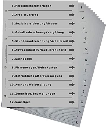 Ordnerregister für Personal, durchdachtes Register für DIN A4 Ordner, Personalordner, Mitarbeiterordner für Firmen und Arbeitgeber, lichtgrau
