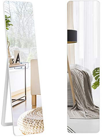 COSTWAY Specchiera da Terra Autoportante a Figura Intera, Specchio Rettangolare, Angolo Regolabile, 2 Metodi di Installazione, Bianco 160x37cm