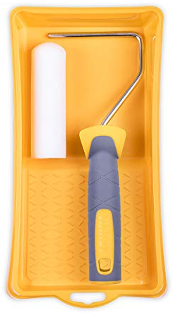 HARDY WORKING TOOLS Kits de herramientas de pintura, Rodillos de pintura, Cubeta e Rodillo antigota de Espuma, Altura del pelo 7mm, Eslora 11cm, Diámetro 35mm, amarillo-blanco-gris, A0180-117000