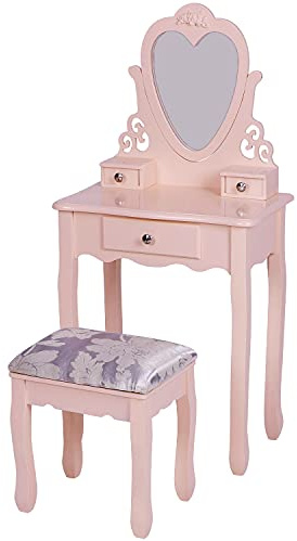 J- Dressing Table for Girls,Pink Vanity Table with Mirror Stool for 3,4,5,6,7,8 Kids, Birthday Gift for Children Bedroom