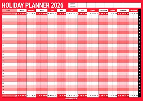 evelay Urlaubsplaner 2026, A1, Wandkalender, Mitarbeiter, Ganzjahresgröße (84 cm x 59 cm), für Zuhause, Büro, Arbeit, JAN DEC