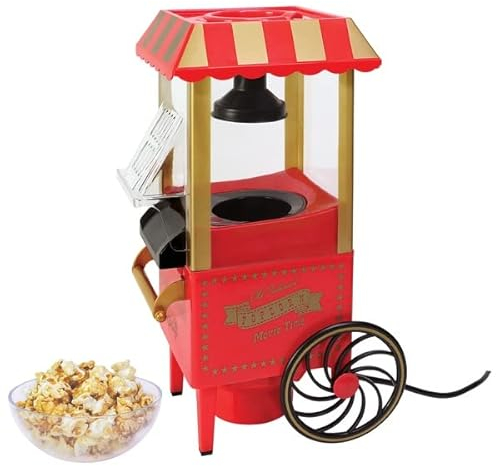 Red Electric 1200W Carnival Fairground Healthy Popcorn Maker Cartwheel Style - With 6 Serving Boxes and Measuring Scoop