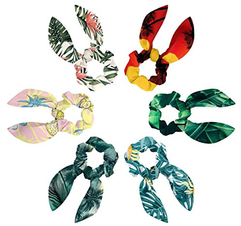 6PCS Hair Scarf Scruncheis for Women Girls, Ribbon Bow Elastic Hair Ties Bands Satin Hair Ribbon Scrunchy Ponytail Holder Accessories,Tropical Palm Summer Sunset Coconut Tree Red