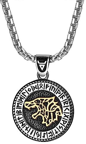 JewelryWe Collar Vikingo Cabeza Lobo: Colgante Medallón Runa Plata Vintage de Acero Inoxidable para Hombre Amuleto Hipoalergénico Antialérgico - Para Uso Diario Regalo