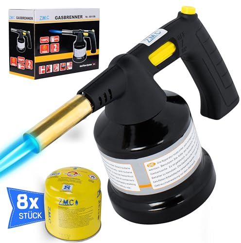Z.M.C Brûleur à gaz 1,3 kW + 8 cartouches de gaz de 190 g - Chalumeau de soudage jusqu'à 1350 °C - Brûleur Bunsen - Brûleur de cuisine avec flamme réglable - Avec allumage piézoélectrique