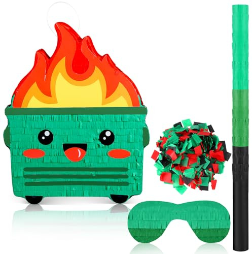 Poen Dumpster on Fire Piñata for Birthday Party 15. 75 x 12. 6 Inch Piñata with Bat Blindfold Confetti for Baby Shower Photo Props Cinco De Mayo Fiesta Decoration Kids Teens Adults Supplies(Green)