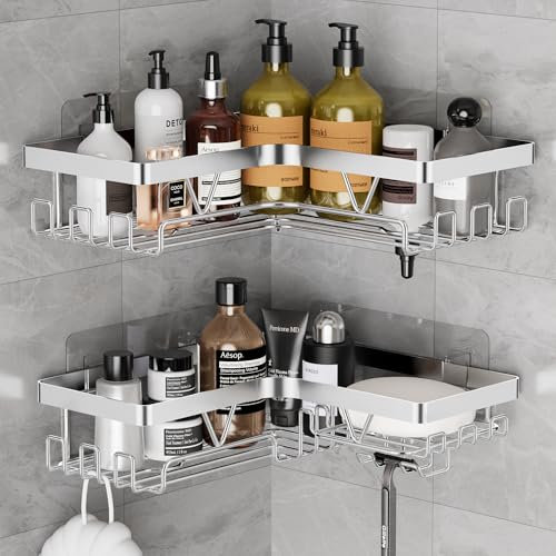 ZUNTO Mensola Doccia Angolare - 2 Pezzi Mensola per Doccia Senza Foratura, Porta Shampoo per Doccia in Aacciaio Inox, Portaoggetti Adesivi per Doccia, Argento