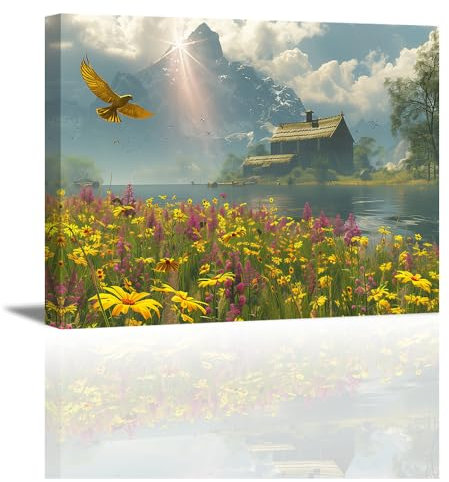 PIY PAINTING Tele Da Parete Moderni, Quadro Decorazione Murale, Immagini di Paesaggio Naturale, Sole, Uccello d'oro, Fiumi e Montagne, Canvas Stampe per Cucina, Ufficio, 40x30 cm, con telaio interno