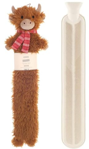 Hot Water Bottle Long with Cover 2 Litre - Fluffy Faux Fur Fleece Cover Durable Winter Warm - Natural Rubber- Pain Relief Therapy Waist & Neck Hot Water Bottle Adults and Kids (Highland Cow)
