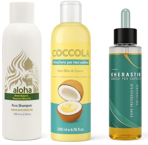 Kit Trattamento Capelli Ricci Fortificante – Shampoo, Balsamo e Maschera Nutriente con Cheratina e Olio di Argan – Definizione e Idratazione per Ricci Morbidi ed Elastici – Uomo e Donna – AlohaLabs