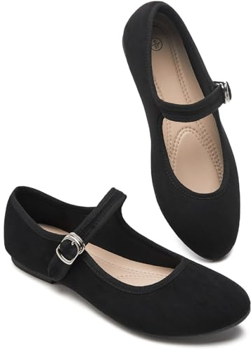 BABUDOG Womens Mary Jane Flats with Strap,Faux Suede Black Flats Shoes,Flats Shoes Women Dressy Comfortable(Black 06)