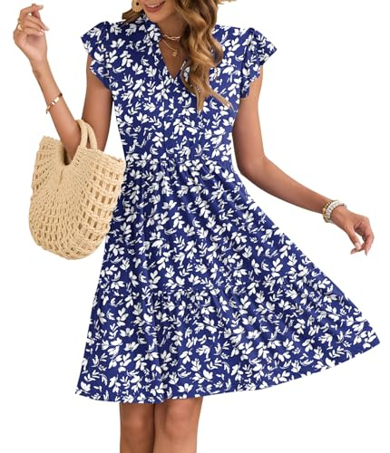AUSELILY Vestido Mujer Verano Cuello en V Mangas con Volantes Minivestido Cintura Elástica Vestidos Informal con Bolsillos Flores Azules L