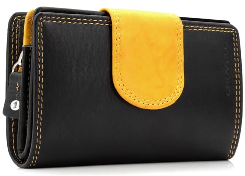 ekavale Geldbörse aus echtem Leder für Damen, Frauen Geldbeutel, Portemonnaie RFID (Schwarz-Antik-Senf)