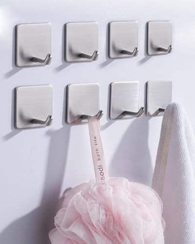 YLITREUS Ganchos Adhesivos para Pared inox, 8 Piezas Colgadores Adhesivos Resistentes de Acero Inoxidable Sin Taladro Para Cocina y Baño, Plateado
