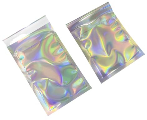 WACCOMT Pack Silver Holographic Metallic Foil Poly Mailers Self Adhesive Packing Aluminum Foil Glitter Envelopes Treat Bags Pouch for Party Goodie Bags Small Business Gift Wrap (100, 3.5x5.1 inch)