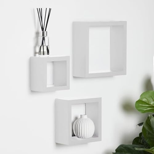 MEHRU Modern Set Of 3 Floating Cube Wall Shelves Floating Wall Cube Shelves Wall Mounted Display Shelving Unit Display Shelving Units Wooden Shelving Display Storage Unit For Living Room. (White)