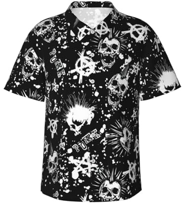 FBGHHTY Vit punk skalle tryck Hawaiiansk skjorta för män tropiska skjortor passar för strandsemester och sommarutflykter, Svart, 3XL