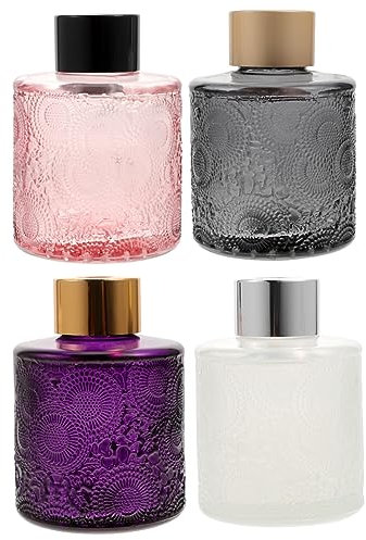 GLEAVI Embossed Perfume Bottle Glass Container Set 4pcs Home Decor Reed Diffuser Vases for Bedroom Aromatherapy Empty Glass Bottles with Lid, Multi-color (white, Pink, Gray, Purple Random Color
