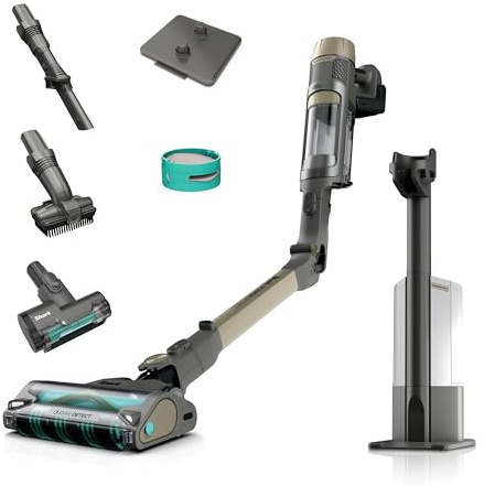 Shark PowerDetect Clean & Empty Akku-Staubsauger mit Absaugstation, bis 70 Min. Laufzeit, kabellos, selbstentleerend, für Tierhaare, Allergiker, Teppich und Hartböden, mit LED-Licht, Gold, IP3253EUT