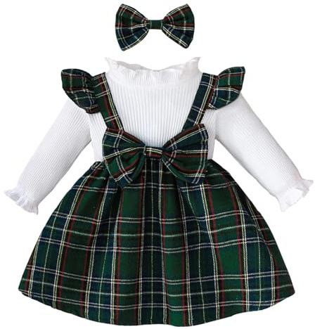 Eqenkely Newborn Baby Girls Long Sleeve Tutu Dresses Rib Knit Patchwork Plaid Bow Princess Dress for 3 Months-3 Years Green 3-6 Months