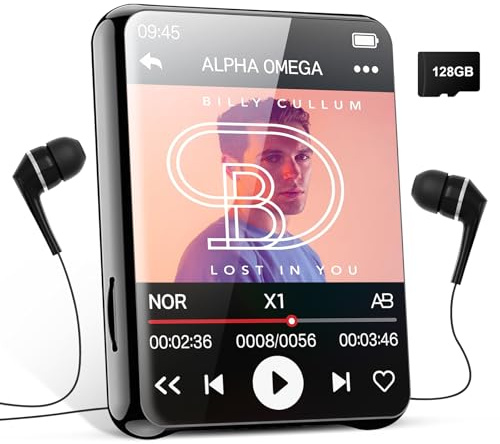 Taichaeu Lettore MP3 Bluetooth da 128 GB, dispositivo audio portatile con altoparlante integrato, display touch da 2,4, suono Hi-Fi e radio FM, inclusi auricolari e cover protettiva, per sport