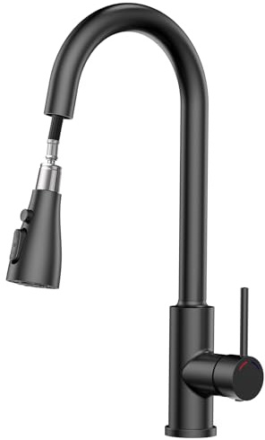 SREWOHS PRO Robinet de Cuisine avec Douchette Extensible, Mitigeur Evier de 4 Fonctions de Pulvérisation, Robinet d'évier Arc Élevé Acier Inoxydable, Bec pivotant à 360°,évier de Cuisine à 1 trou,Noir