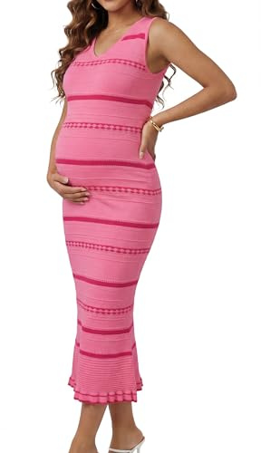 OUGES Maternity Sleeveless Sweater Striped Beach Dresses for Baby Shower Photoshoot Summer Spring V-Neck Viscose Holiday Vacation Dress Pregnancy Must Haves Clothes(Pink Plum Red Stripes,M)