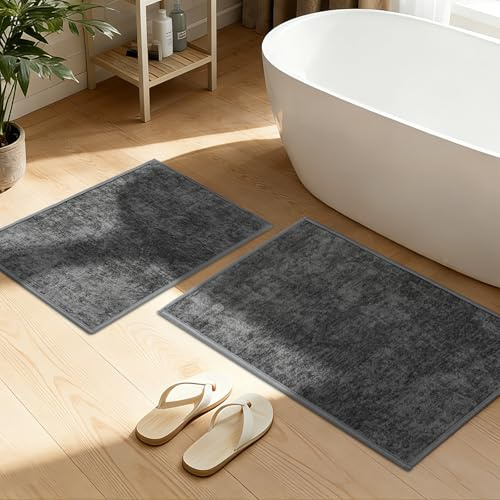 YIHOUSE Dark Gray Bathroom Rugs Sets 2 Piece, Ultra Thin Bath Mat - Non Slip Quick Dry Absorbent Machine Washable - Bath Rugs for Bathtub Sink Home Decor (17x24 + 17x32)
