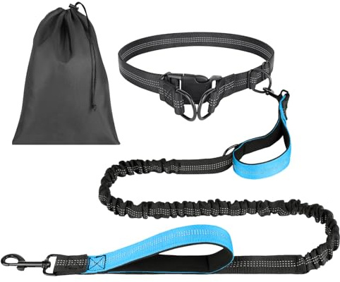 OFFCUP Hands Free Dog Lead with Pouch, Dog Running Lead with Adjustable Waist Belt and Dual-Handle for Walking Hiking Training Jogging, Waist Leash with Reflective Stitches (Blue)
