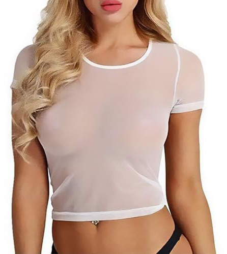 Gatamiau Women's Sheer Short T-Shirt See Through Round Neck Crop Tops Mesh Slim Fit Short Sleeves for Ladies Sexy Transparent Blouse Party Clubwear Nightclub