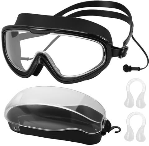 Vyuwast Swimming Goggles,Wide Vision Goggles Swimming Adult with Nose Clip and Earplugs,Anti-fog & Anti-UV Fashion Swim Goggles for Adult Men Women Youth,Black