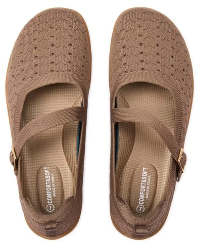 Frank Mully Bailarinas de mujer de talla grande Mary Jane para mujer, cómodas zapatillas de punto con puntera ancha y correas ajustables, Café hueco, 42 EU