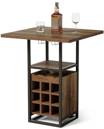 Tribesigns 95 cm högt barbord med förvaringsutrymme, ståbord av trä, bistrobord med glashållare, vinhyllor och förvaringsytor, metallbas, bordsskiva, för bar, kök, vardagsrum och matsal, brunt