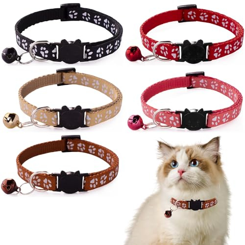 ZENQARI 5 Piezas Collar Gato Antiahogo Diseño Gato Con Hebilla de Seguridad Collar Gato Con Campana Collar Gato Tamaño Ajustable (5 Colores)