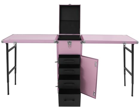 MingMaoo Portable Manicure Table Desk, Lockable Makeup Storage Trolley, Foldable Workstations, Pink Beauty Case with 4 Wheels, Organiser for Nail Artists, Cosmetologists