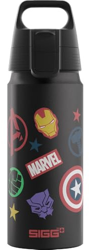 Sigg – drickflaska i aluminium för barn – WMB ONE Kids Avengers – kolsyrad – läckagesäker – fjäderlätt – BPA-fri – klimatneutral certifierad – sport och skola – svart – 0,6 l