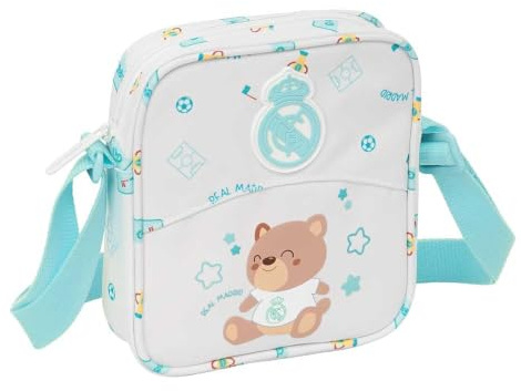 Safta | Bandolera Infantil Real Madrid Preescolar Blanca, Correa Ajustable, Bolso Cruzado Escolar para Vuelta al Cole, Compartimento con Cremallera, Ligera y Resistente, Medidas 16x4x18 cm