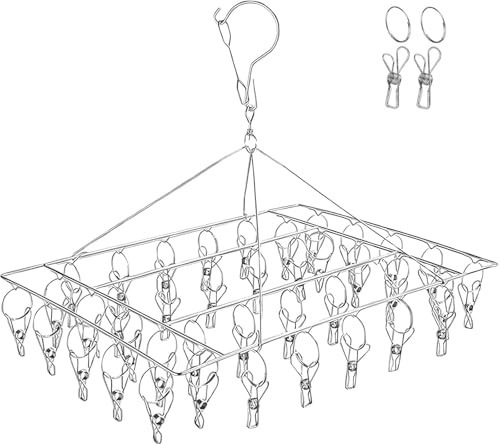 DARUITE Sock Hanger for Drying, Underwear Dryer Hanger with 40 Clips | Metal Clothes Airer for Diapers, Towels, Tank Tops, Travels, Rust Resistant, Stainless Steel, Windproof Hook, 360 Rotatable