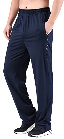 Zoulee New Men's Front Zipper Fly Open-Bottom Sweatpants Jogger Pants, Navy Blue, Large