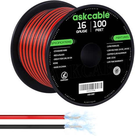 Askcable 16 Gauge Wire, 16 AWG Electrical Wire Cable, 2 Conductors Red Black Wire, Copper Clad Aluminum(CCA) Flexible PVC Extension Cord for Speaker, Hookup LED Strips, Automotive 12V/24V DC (100FT)