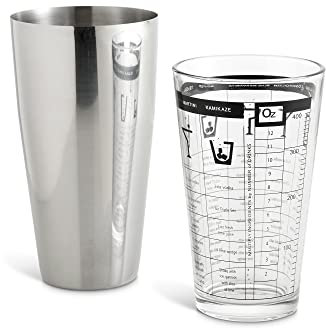 HIC Kitchen Bar Boston Cocktail Shaker and Mixer Glass Set with 7 Printed Recipes, 18/8 Stainless Steel and Borosilicate Glass
