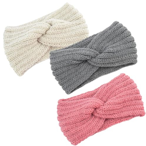 PSOWQ 3 Stück Stirnband Kinder Mädchen, Stirnbänder Strick, Stirnband Damen Winter Strick, Haarband Ohrenwärmer Elastische, Herbst Und Winter Vielseitig Stirnband Damen (Beige + Grau + Rosa)