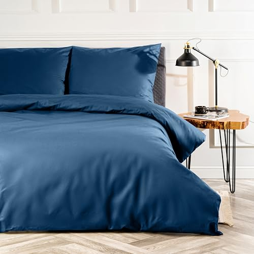 Bettwäsche 135x200 Baumwolle Bettbezug 135x200 cm mit Kissenbezug 80x80 cm Hohe Qualität Bettwäsche-Set mit Reißverschluss 100% Baumwolle Made in EU Dunkelblau 135 x 200